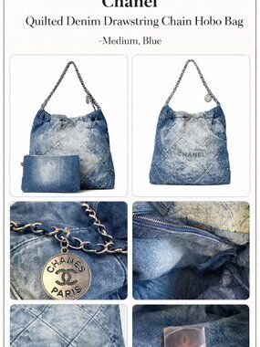 Chanel Quilted Denim Drawstring Chain Hobo Bag Medium Blue